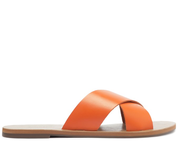 Rasteira Tiras Cruzadas Couro Laranja