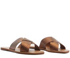 Rasteira Tiras Cruzadas Metal Couro Bronze