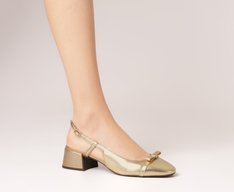 Sapatilha Slingback Salto Bloco Laço Reto Dourada