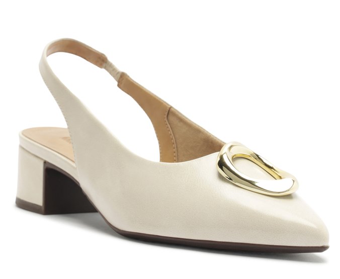 Scarpin Slingback Salto Bloco Aplique Metal Branco Off