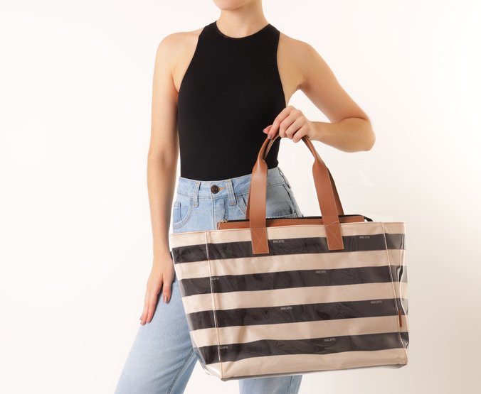 Bolsa Shopping Grande Listras Vinil Preta