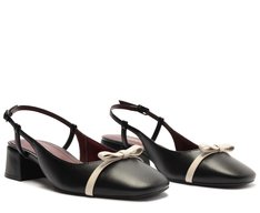 Sapatilha Slingback Salto Bloco Laço Reto Preta E Branca