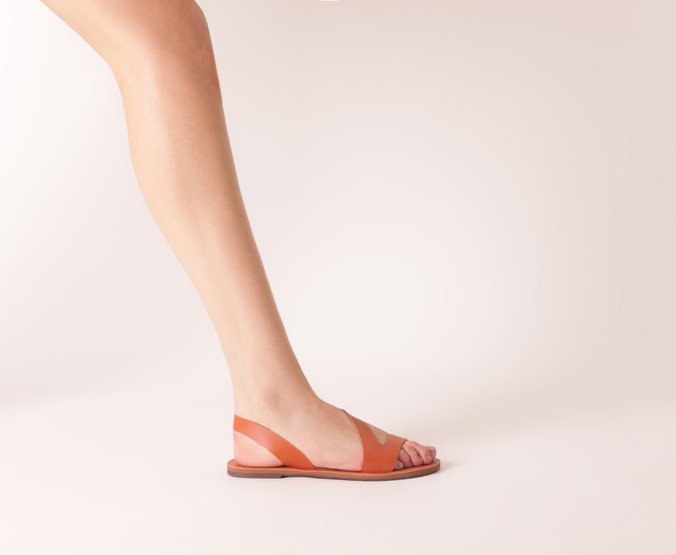 Rasteira Monocolor Tira Curva Couro Laranja