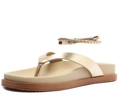 Chinelo Papete Couro com Tornozeleira Dourada
